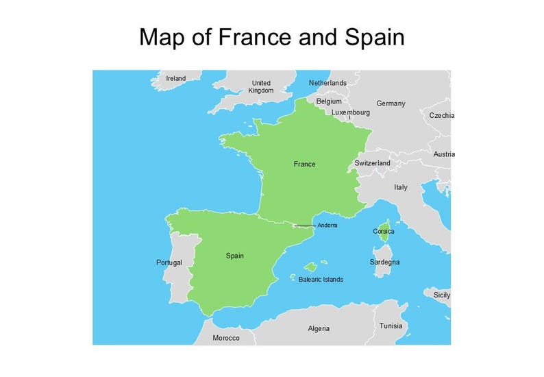 Editable Powerpoint Map of France & Spain With Regions and Surrounding
