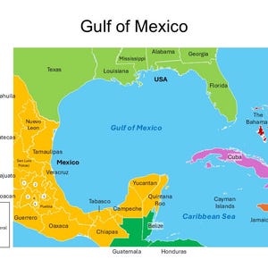 Puede incluir: Un mapa del Golfo de México que muestra los estados y países circundantes, incluidos Texas, Luisiana, Florida, Cuba y las Bahamas. El mapa también muestra los estados de México que bordean el Golfo.