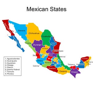 Carte PowerPoint modifiable des États-Unis, comprenant : Aguascalientes, Basse-Californie, Basse-Californie du Sud, Campeche, Chiapas...