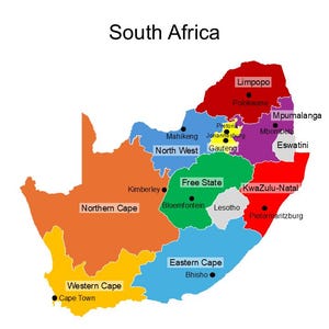 Bearbeitbare Landkarte von Südliches Afrika und Südafrika - einschließlich: Angola, Sambia, Malawi, Namibia, Botswana, Simbabwe, Mosambik ...