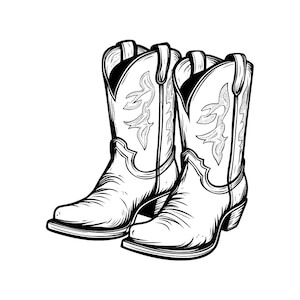 Cowboy Boots Line Art Clipart – Black & White Western Boots – PNG, SVG, PowerPoint – Coloring Book Style Illustration
