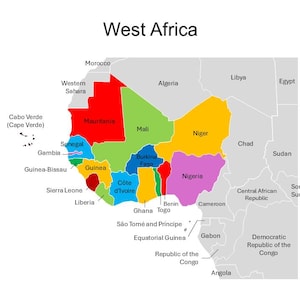 Könnte beinhalten: Eine Karte von Westafrika, die die Grenzen der verschiedenen Länder zeigt. Die Länder sind in verschiedenen Schattierungen von Rot, Orange, Gelb, Grün, Blau und Lila gefärbt. Die Karte ist mit den Namen der Länder beschriftet.
