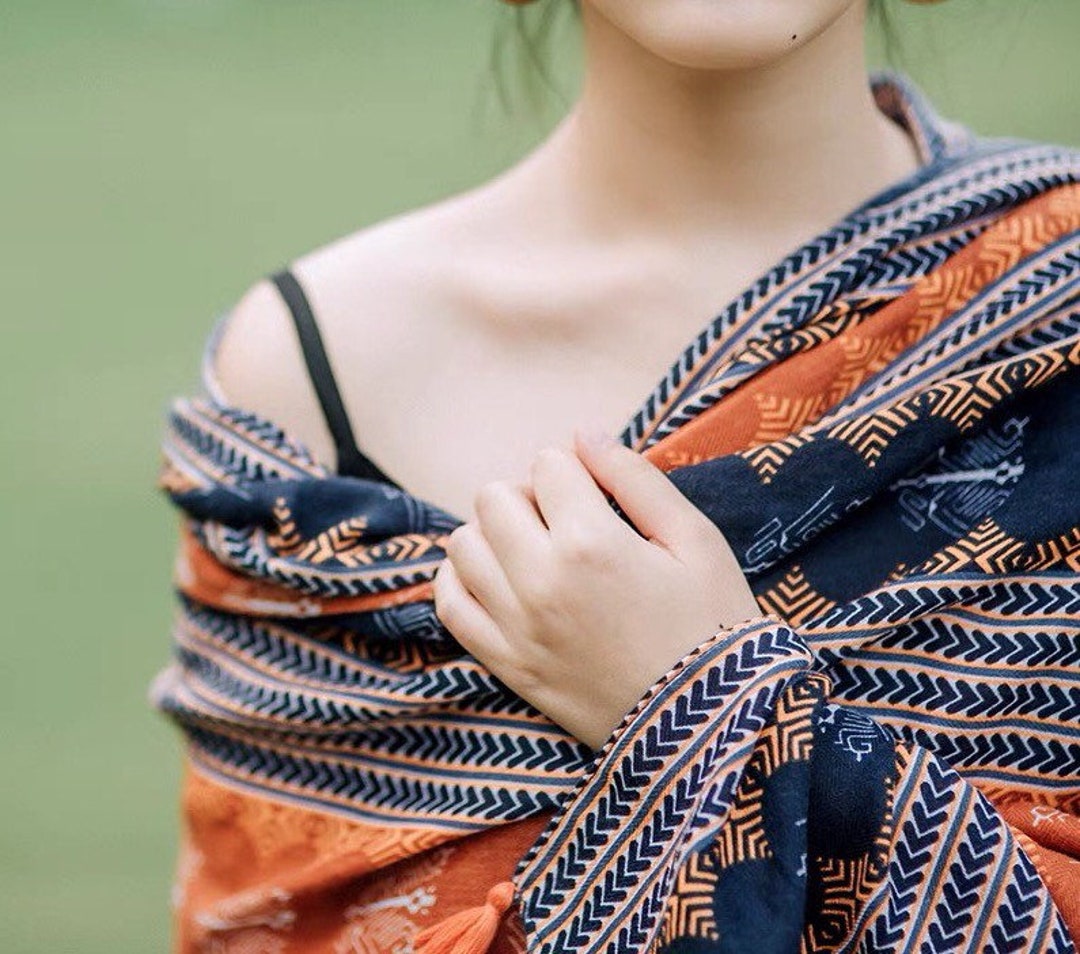 Boho Printed Scarf, Ethnic Pattern Shawl, Vintage Cotton Scarf, Colorful Beach Wrap, Allpurpose