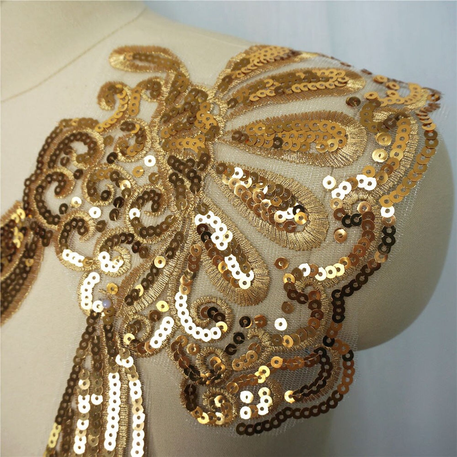1 Set Gold Sequin Lace Fabric Noble Gown Appliques Embroidered Etsy