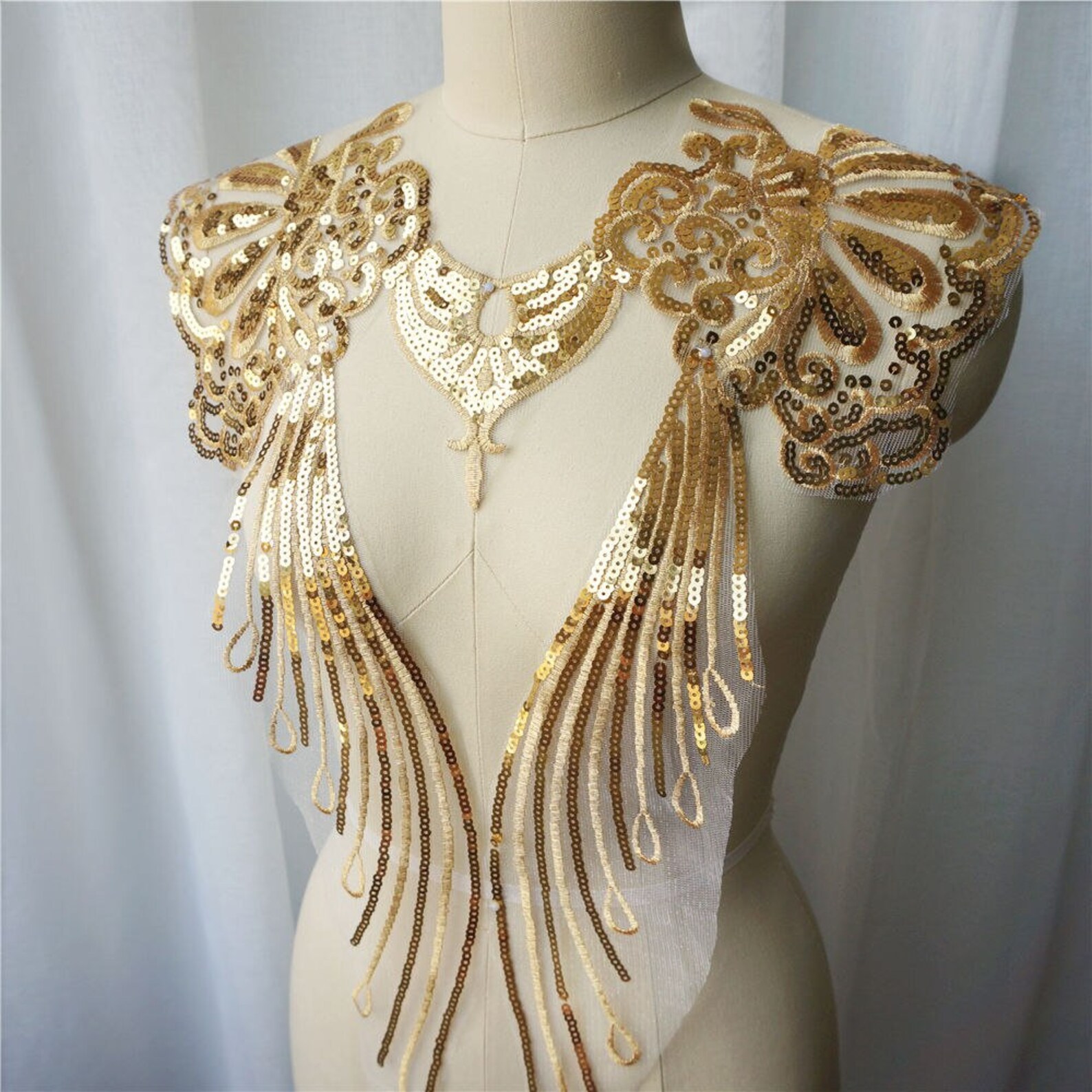 1 Set Gold Sequin Lace Fabric Noble Gown Appliques Embroidered Etsy