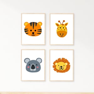 Descarga digital / Conjunto de 5 estampados de animales / Decoración de vivero / Impresión de pared de vivero / Arte de vivero/León, Tigre, Jirafa, Conejito y Koala A1 A2 A3 A4 A5