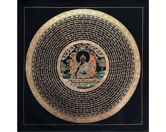 Medicine Buddha Mantra Mandala Thangka Painting on Cotton Canvas, Handmade Tibetan Art for Wall Decoration
