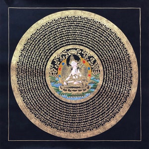 Tara Mantra Mandala blanc, peinture thangka sacrée faite à la main pour la méditation et bonne chance à la maison, peinture de décoration murale tibétaine