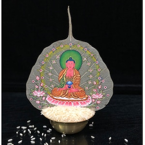 Exclusive Master&#39;s Work on Bodhi Leaf Amitabha Buddha, Handmade Sacred Painting for Good Luck to house, thanka Gold leaf Painting