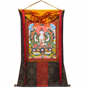 Silk Brocade Mounted Chenrezig Thanka, Avalokiteshvara Thangka, Blessed Chenrezig Thangka