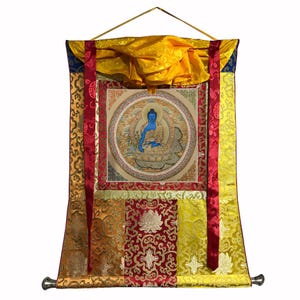Silk Brocade Mounted Medicine Buddha Mandala, Handmade Sacred Thangka Painting for Meditation , Tibetan Wall Decoration Painting