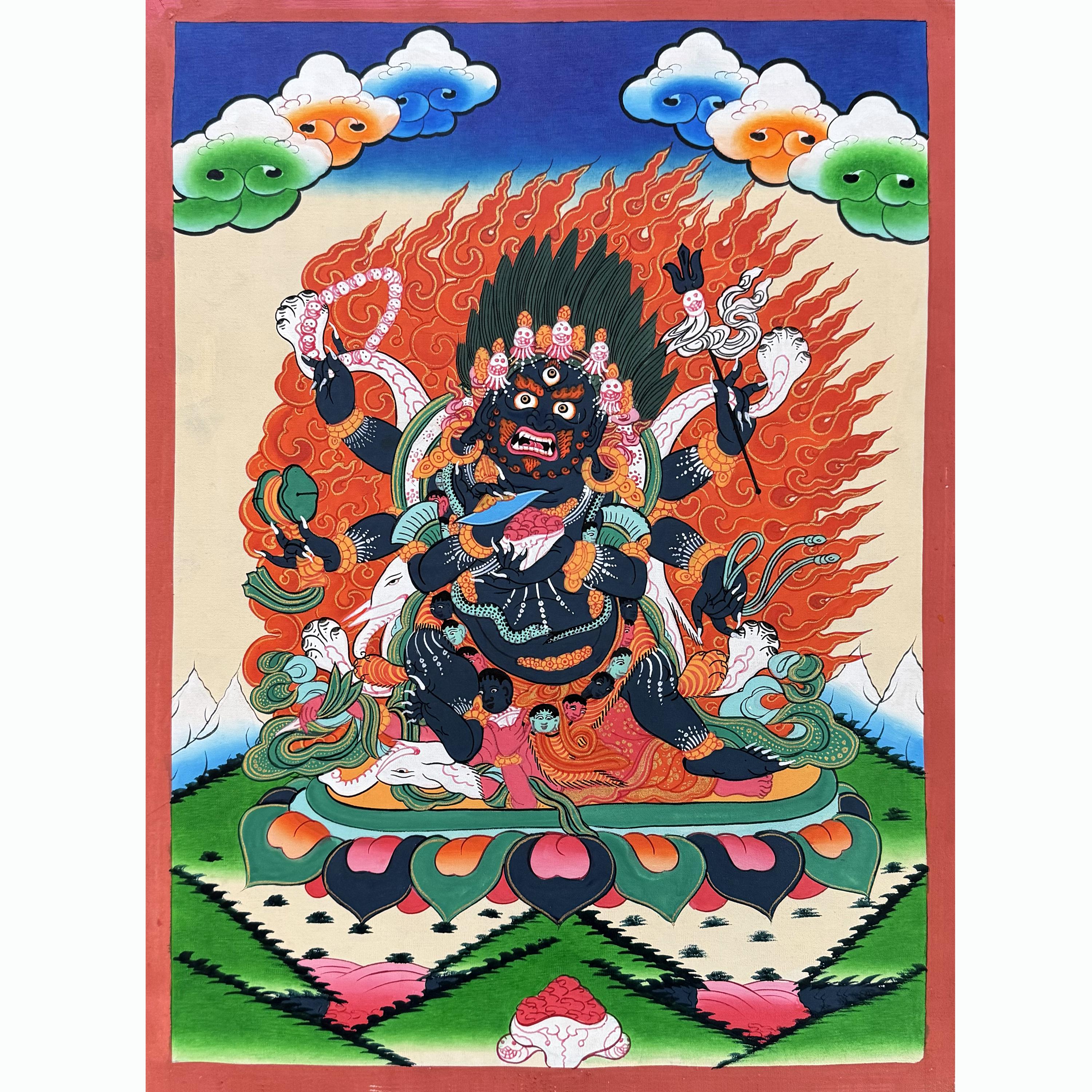 Gold Mahakala Thangka: Handmade Tibetan Wall Painting for Meditation