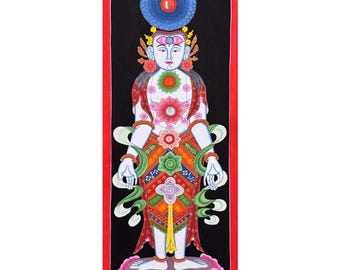Dipinto Thangka dei Sette Chakra realizzato a mano su tela di cotone, Nepal