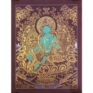 Green Tara Thangka Painting,Handmade Sacred Thangka Painting for Meditation and Good Luck to house, Tibetan Wall Decoration Painting