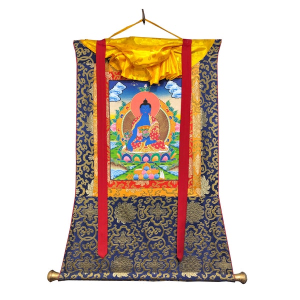 Silk Brocade Medicine Buddha Thangka, Blessed Healing Buddha Thanka on Cotton Canvas