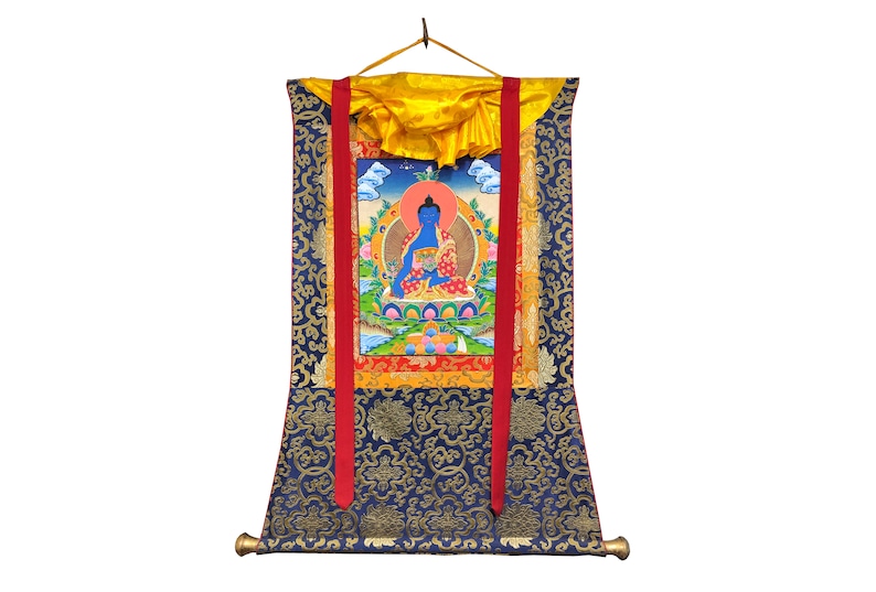 Seidenbrokat Medizin Buddha Thangka, Heilender Buddha Thanka auf Baumwoll-Leinwand Bild 1