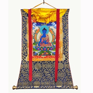 Silk Brocade Medicine Buddha Thangka, Blessed Healing Buddha Thanka on Cotton Canvas