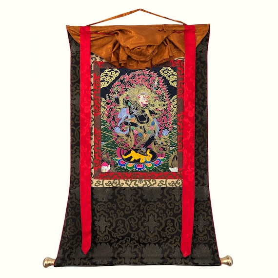Silk Brocade Mounted Simhamukhi Thangka, Simhamukha Thanka