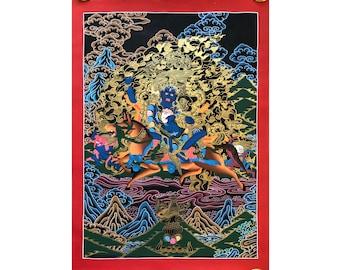 Lama Blessed Master Piece 24k Gold Palden Lhamo Thangka Painting, Thanka Art for Decoration, Meditation and Worship