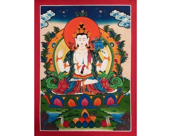 May include: A colorful painting of a deity with four arms, sitting in a lotus position on a lotus flower. The deity is surrounded by a halo and a mandorla, and is holding a variety of objects in their hands. The painting is done in a traditional Tibetan style, with intricate details and vibrant colors.