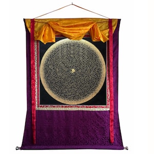 Silk Brocade Mounted Genuine Handmade Gayatri Mantra Mandala Thangka, Om bhur bhuvaha svaha Mandala, Om Mandala, Handmade Thangka From Nepal