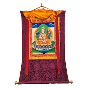 Blessed Tsongkhapa Silk Brocade Thangka Painting, Hand Painted Canvas Cotton Tibetan Thangka From Nepal