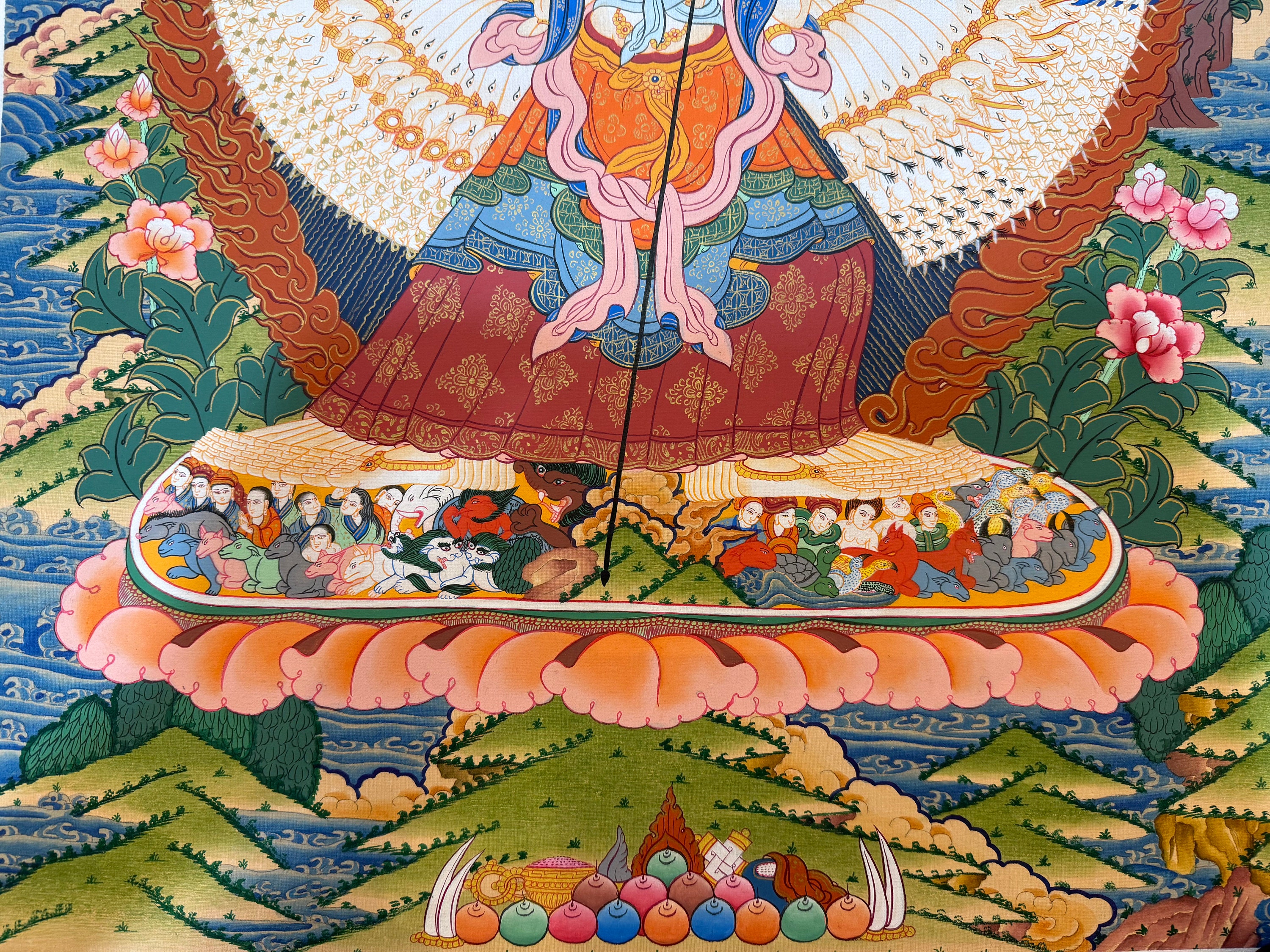 Gandhanra Thangka Tibétain Usnisa Sitatapatra - Peinture Dorée Sur Soie | Décoration Murale Zen, Méditation