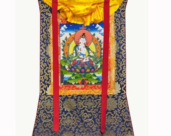 Silk Brocade Vajrasattva Thangka, Blessed Thanka, Painting on Cotton Canvas
