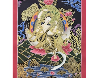 Dipinto Thangka di Saraswati realizzato a mano, arte himalayana, decorazione per la meditazione (66x50 cm)