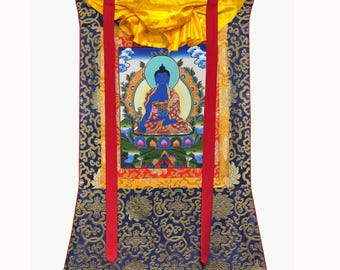Silk Brocade Medicine Buddha Thangka, Blessed Healing Buddha Thanka on Cotton Canvas