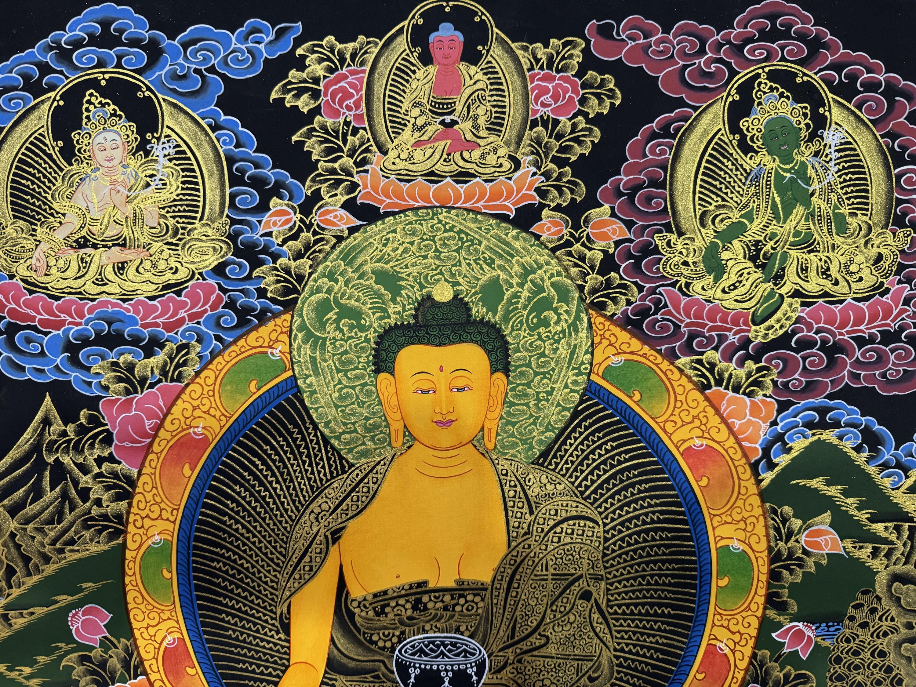 シルクブロケード釈迦牟尼仏タンカ、希少な本物の手描きチベットタンカ