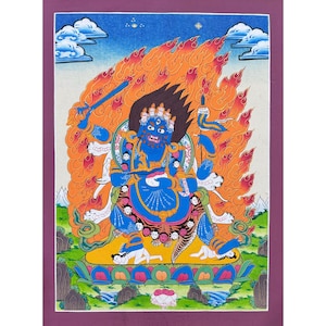 Thangka Mahakala en or, peinture thangka sacrée faite main bénie pour la méditation et porte-bonheur, peinture de décoration murale tibétaine