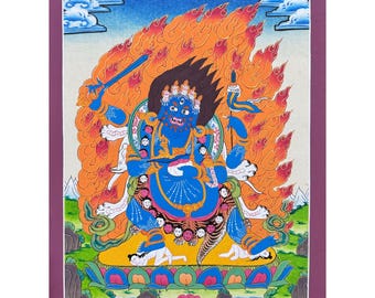 Thangka Mahakala dorato, dipinto sacro fatto a mano benedetto di Thangka per la meditazione e la buona fortuna per la casa, dipinto decorativo murale tibetano