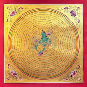 Całkowicie złota zielona Tara Mantra Mandala, ręcznie wykonany święty obraz Thangka do medytacji i szczęścia w domu