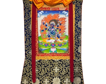 Gesegneter Seidenbrokat Mahala Thangka, Mahakala auf Baumwolle Canvas