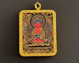 Handmade 24k Gold Amitabha Buddha Pendant, Thangka Amulet