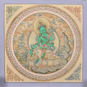Thangka mandala tara vert 24 carats, peinture thangka sacrée faite main pour la méditation et porte-bonheur, peinture de décoration murale tibétaine