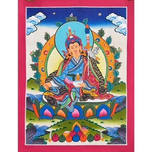 Padmasambhava, Guru Rinpoche, Handmade Sacred Thangka Painting for Meditation and Good Luck to house, Tibetan Wall Decoration Painting