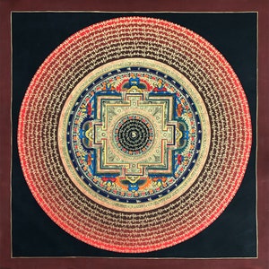 Gesegnetes Rotes Mantra Mandala Thangka, Unendlicher Knoten Mandala, Om Mani Padme Hum Mandala
