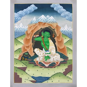 May include: A vibrant painting depicts a green-skinned figure seated in a cave, adorned with gold earrings and a white and gold patterned garment. The background features mountains, clouds, and a landscape with green fields and blue water.