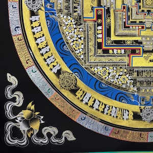 May include: A detailed mandala with intricate patterns and gold accents. The mandala is surrounded by a border of swirling clouds and a lotus flower. The mandala is painted on a black background.