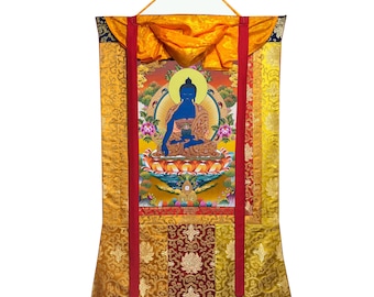 24k Gold Medicine Buddha Thangka Painting, Healing Buddha Thanka, Handmade Sacred Thangka Painting for Meditation and Good Luck to house
