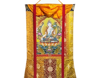 Handmålad vit Tara tibetansk Thangka, 24K guldsilkesbrokad
