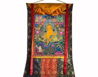 Monk Blessed Silk Brocade Dzambala Thangka, Kubera God of Wealth Thanka Art, Rare Genuine Hand Painted Tibetan thangka