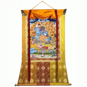 Silk Brocade Mounted Master Quality 24k Gold Dorje Drollo Thangka, Handmade Sacred Thangka Painting for Meditation and Good Luck to house