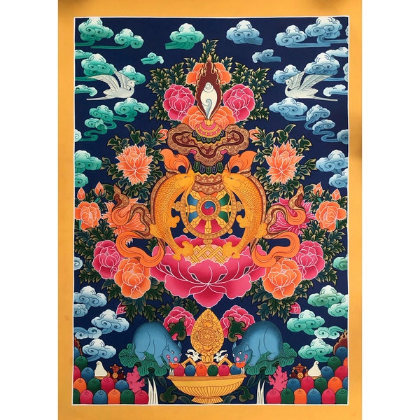 Rare and Genuine Eight Auspicious Symbols Thangka, Handmade Sacred Thangka Painting Good Luck to house - Good Luck Thangka