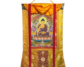 24K Gold Shakyamuni Buddha Thangka, Hand Painted Tibetan Silk Brocade