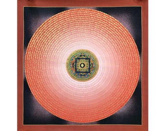 Infinite Knot Pink Colored Mantra Mandala Thangka, Om Mani Padme Hum Mandala, Handmade Sacred Thangka Painting for Meditation