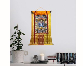 Seidenbrokat Yamantaka Thangka Malerei, Handgemachtes heiliges Thangka Gemälde zur Meditation, Seltene echte handgemalte tibetische Thangka