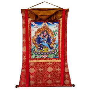 Silk Brocade Mounted Yamantaka Thangka Painting, Handmade in Nepal, Vajrabhairava Thanka
